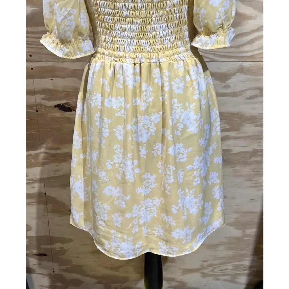 Abercrombie & Fitch Babydoll Dress Smocked Yellow Floral Size M Y2K Cottagecore - Picture 6 of 16